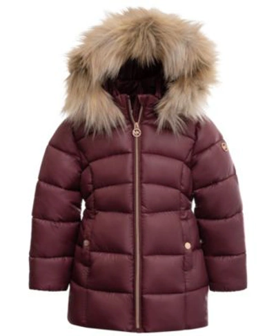 Shop Michael Kors Girls Heavyweight Faux Fur Trim Hooded Stadium Jacket In Blush