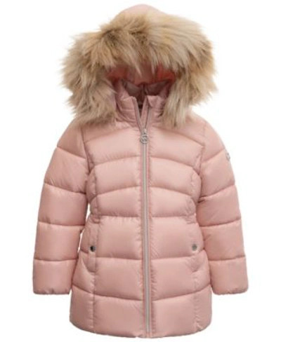Shop Michael Kors Girls Heavyweight Faux Fur Trim Hooded Stadium Jacket In Blush