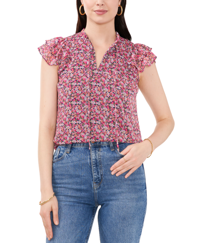 Shop Sam & Jess Petite Floral-print Flutter-sleeve Tie-neck Blouse In Navy Pink Floral
