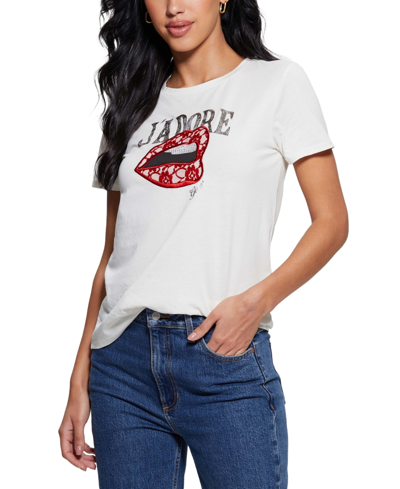 Shop Guess Women's Cotton J'adore Short-sleeve Easy T-shirt In Cream White