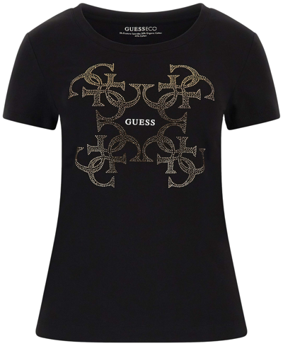 Shop Guess Women's Crewneck Embellished-logo Short-sleeve Top In Jet Black A