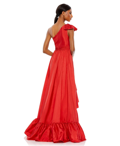 Shop Mac Duggal Women's Bow One Shoulder Ruffle Asymmetrical Hem Gown In Red