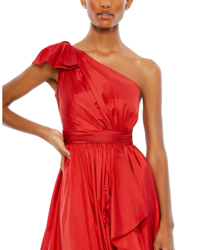 Shop Mac Duggal Women's Bow One Shoulder Ruffle Asymmetrical Hem Gown In Red