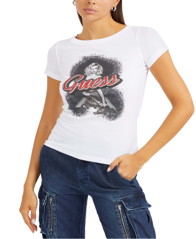 Shop Guess Women's Cotton Logo-graphic Short-sleeve T-shirt In White  Girl Combo