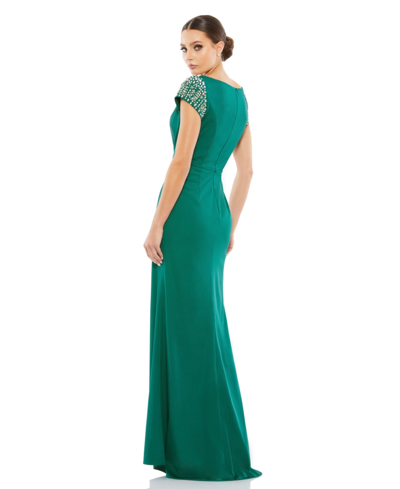Shop Mac Duggal Women's Beaded Cap Sleeve Bateau Column Dress In Emerald Green