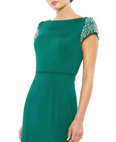 Shop Mac Duggal Women's Beaded Cap Sleeve Bateau Column Dress In Emerald Green