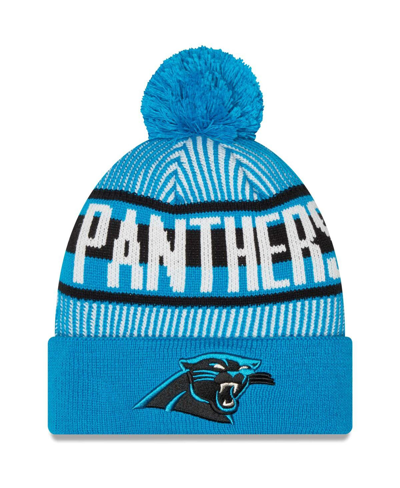 New Era Blue Carolina Panthers Striped Cuffed Knit Hat With Pom In Blue