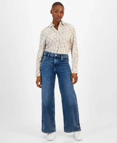 Shop Calvin Klein Jeans Est.1978 Petite Printed Long Sleeve Shirt High Rise Wide Leg Denim Jeans In Marrakech