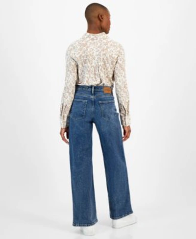 Shop Calvin Klein Jeans Est.1978 Petite Printed Long Sleeve Shirt High Rise Wide Leg Denim Jeans In Marrakech
