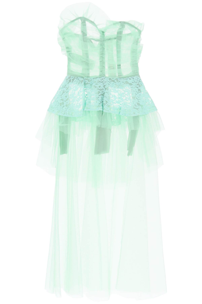 Shop Maison Margiela Long Bustier Dress In Tulle With Lace Insert In Green (green)