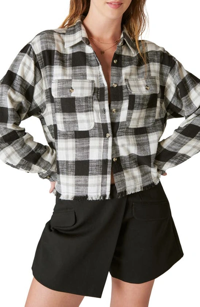 Shop Lucky Brand Buffalo Check Cotton Flannel Raw Hem Crop Shirt In Lucky Black Plaid