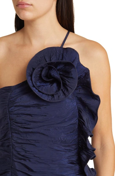 Shop Moon River Floral Ruffle Ruched One-shoulder Minidress In Navy