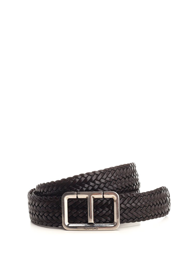 Shop Tom Ford Logo Engraved Braided Buckle Belt In Brown
