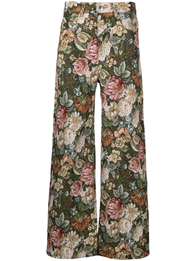 Shop Marques' Almeida Floral-brocade Wide-leg Jeans - Women's - Recycled Polyester/acrylic/cotton/other Fibrespolyester In Green