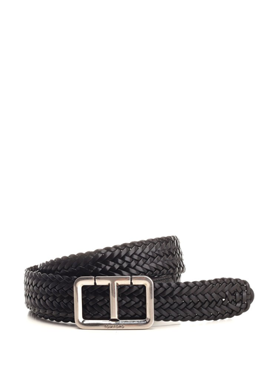 Shop Tom Ford Logo Engraved Braided Buckle Belt In Black
