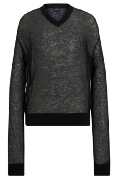 Shop Hugo Boss V-neck Sweater In A Sheer Knit In Black