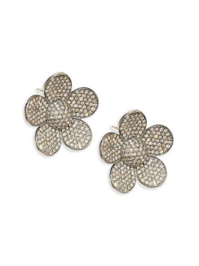 Shop Nina Gilin Flower Diamond Stud Earrings In Black Rhodium Silver