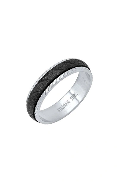 Shop Hmy Jewelry Two-tone Black Plated Stainless Steel Textured Band Ring In Metallic/black