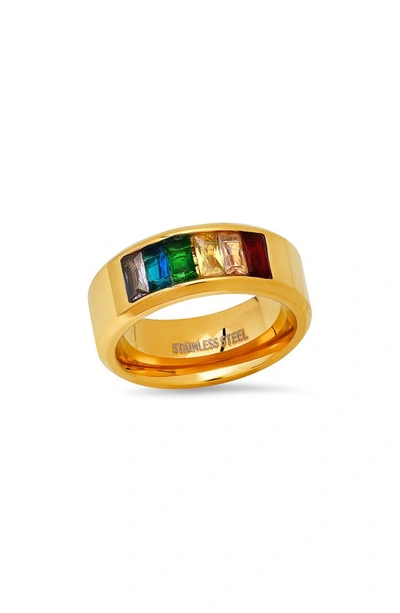 Shop Hmy Jewelry 18k Gold Plated Stainless Steel Baguette Crystal Band Ring In Yellow/multi