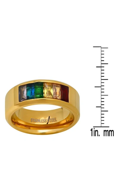 Shop Hmy Jewelry 18k Gold Plated Stainless Steel Baguette Crystal Band Ring In Yellow/multi