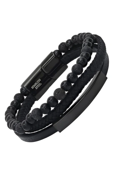 Hmy Jewelry Black Stainless Steel Lava Bead & Leather Layered Bracelet In Black