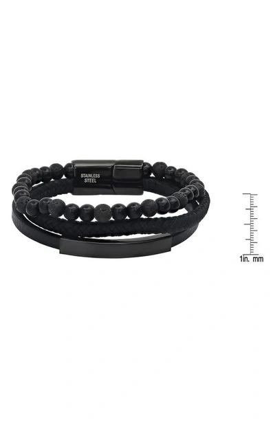 Hmy Jewelry Black Stainless Steel Lava Bead & Leather Layered Bracelet In Black