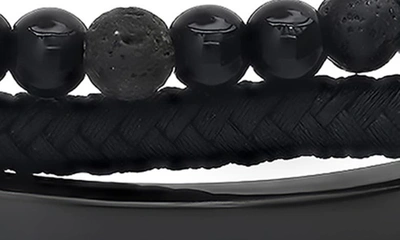 Hmy Jewelry Black Stainless Steel Lava Bead & Leather Layered Bracelet In Black