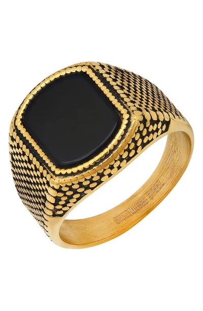 Shop Hmy Jewelry 18k Gold Plated Stainless Steel Enamel Milgrain Signet Ring In Yellow/black