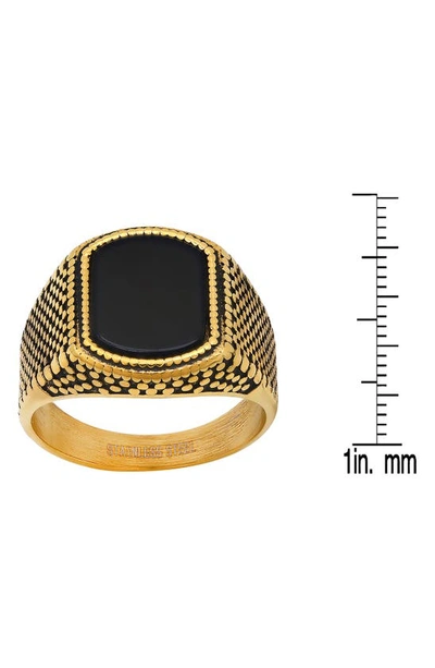 Shop Hmy Jewelry 18k Gold Plated Stainless Steel Enamel Milgrain Signet Ring In Yellow/black
