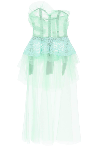 Shop Maison Margiela Long Bustier Dress In Tulle With Lace Insert In Green