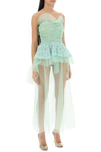 Shop Maison Margiela Long Bustier Dress In Tulle With Lace Insert In Green