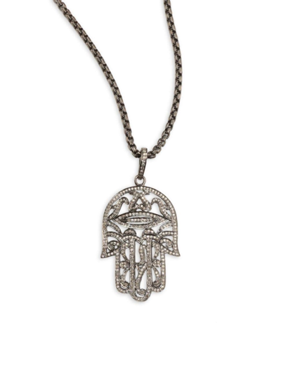Shop Nina Gilin Diamond Hamsa Pendant Necklace In Black Rhodium Silver