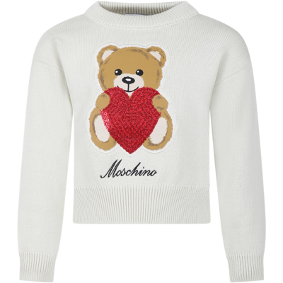 Shop Moschino White Sweater For Girl With Teddy Bear And Heart