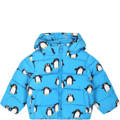 Shop Stella Mccartney Down Jacket For Baby Boy With All-over Penguins Print In Light Blue