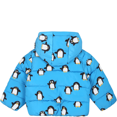 Shop Stella Mccartney Down Jacket For Baby Boy With All-over Penguins Print In Light Blue