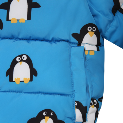 Shop Stella Mccartney Down Jacket For Baby Boy With All-over Penguins Print In Light Blue