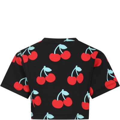 Shop Gcds Mini Black T-shirt For Girl With All-over Cherry Print