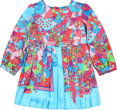 Shop Versace Light Blue Dress For Baby Girl With Floral Print In Multicolor
