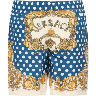Shop Versace Light Blue Swim Boxer For Boy With Polka Dots And Logo