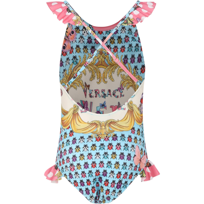 Shop Versace Light Blue Swimsuit For Girl With Polka Dots And Logo