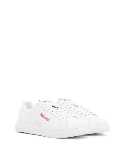 Just Cavalli Tiger Head-logo Leather Sneakers In White