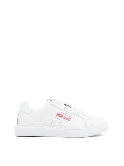 Just Cavalli Tiger Head-logo Leather Sneakers In White