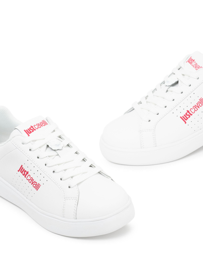 Just Cavalli Tiger Head-logo Leather Sneakers In White