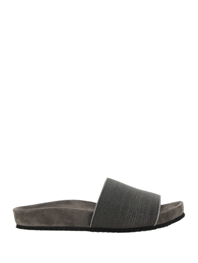 Brunello Cucinelli Precious Suede Slides In Litio/argento/rutenio