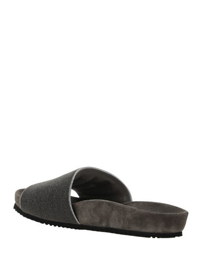 Brunello Cucinelli Precious Suede Slides In Litio/argento/rutenio