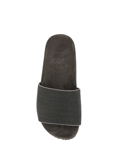 Brunello Cucinelli Precious Suede Slides In Litio/argento/rutenio