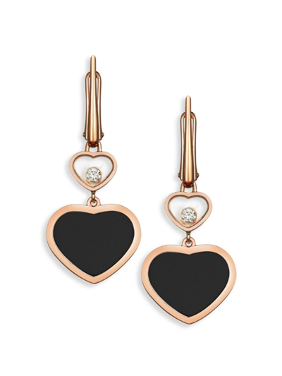 Shop Chopard Happy Hearts 18k Rose Gold Diamond & Black Onyx Drop Earrings