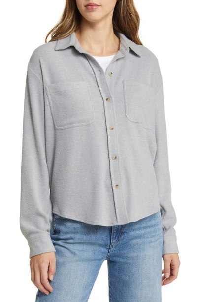 Shop Beachlunchlounge Tobey Brushed Knit Shirt Jacket In Light Grey Heather