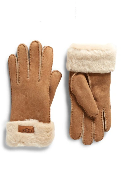 Shop Ugg Genuine Shearling Turn Cuff Gloves In Chestnut