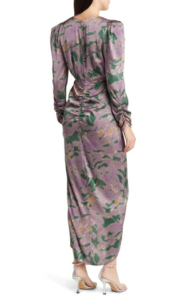 Shop Floret Studios Cutout Ruched Long Sleeve Satin Dress In Plum Green Floral